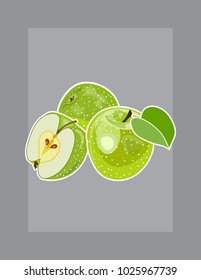 Green apple vector illustration with white outline on grey background