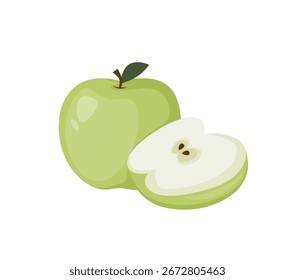 Green apple vector illustration. A whole green apple and a green leaf. isolated on a white background. Apple fruit. Botanical illustration with apple