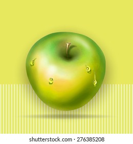 green apple with water drops, vector drawing with space for text