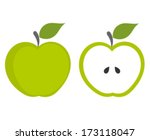 Green apple - whole and cut fruit. Vector illustration