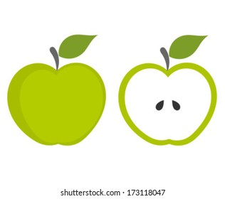 Green Apple - Whole And Cut Fruit. Vector Illustration