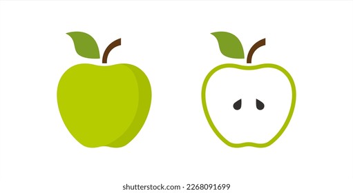 Green apple - whole and cut fruit. Vector illustration 10 eps.