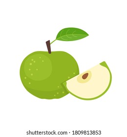 Green apple whole fruit with slice. Vector flat illustration isolated on white background
