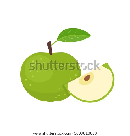 Green apple whole fruit with slice. Vector flat illustration isolated on white background