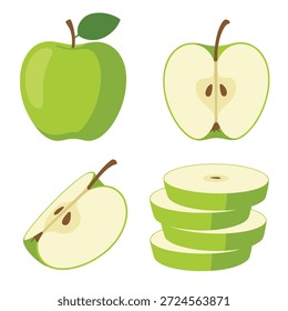 Green apple whole half slice and stack fruit food