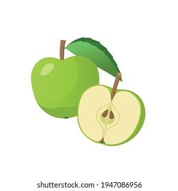 manzana verde, manzana entera y dividida a la mitad en diseño plano aislada sobre fondo blanco.