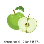 Green apple whole and slice. Vector cartoon illustration of fresh fruit.