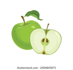 Green apple whole and slice. Vector cartoon illustration of fresh fruit.