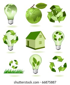 manzana verde con mapa del mundo y un gran conjunto de íconos ecológicos. Vector.