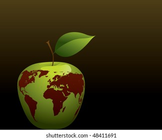green apple with world map on it on dark background