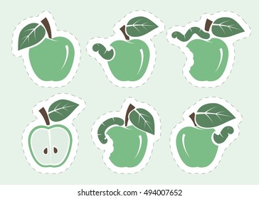 green apple and worm. set of color icons