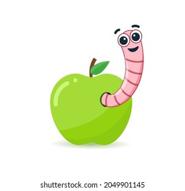green apple with worms. Worm is a cartoon character coming out of an apple. Concept of knowledge and learning. Isolated vector illustration in flat style.