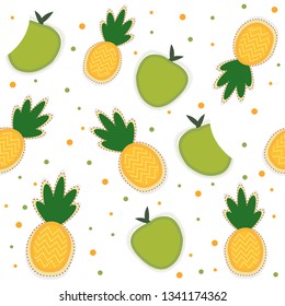 Green Apple and yellow Pineapples Vector Seamless Pattrern. Colorful tropical fruits seamless pattern.