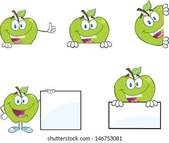 Green Apples With Blank Sign. Vector Collection