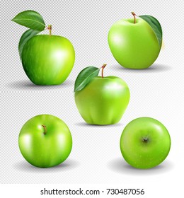 Green apples collection Isolated on a transparent background. Vector, 3D