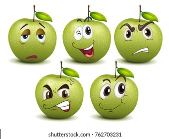 Grüne Äpfel mit unterschiedlichen Emotionen zur Illustration