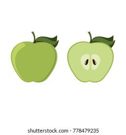 Green Apple's flat style. Fruits whole and sliced. Vector illustration