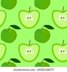 Grüne Äpfel halb und ganze nahtlose Vektorgrafik Muster, flacher Stil Fruchtdruck