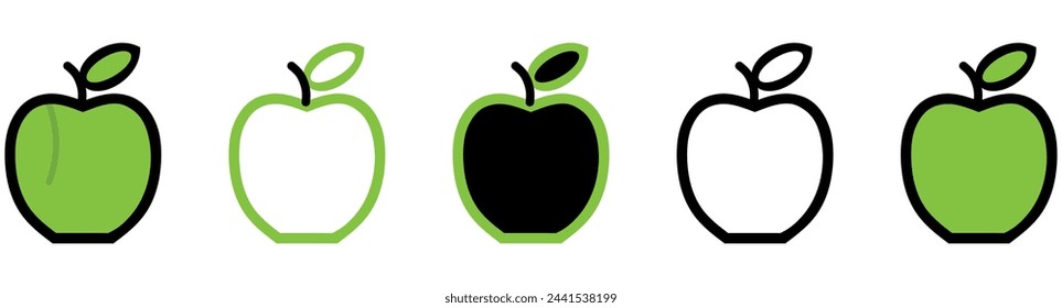 Green apples icons set, whole and halves of fresh, juicy, ripe fruits..