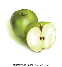 Green Apples with Green Leaves and Apple Slice - Vector Illustration. Realistic vector
