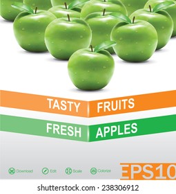 Green apples with green leaves isolated. Vector Illustration. Retro Poster
