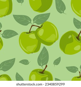 green apples and leaves, seamless vector pattern. Vector fruit background 