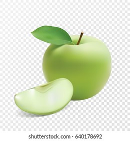 Green Apples with Leaves and Slice - Vector Illustration. Realistic vector.