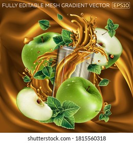 Green apples, mint leaves and a glass of juice on a background of fruit juice.
