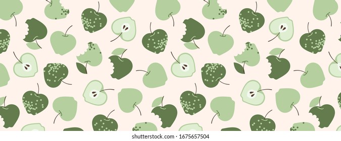 Green apples pattern. Fruit pattern design for web and print. Hand-drawn modern vector illustration. Fresh juicy fruit on a pastel background. Eco friendly.