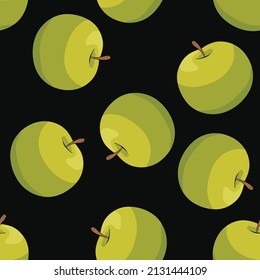 Green apples pattern on black background seamless texture
