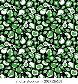 Green apples and pears with leaves on black seamless pattern vector. Unusual fruit pattern for home textile, clothes and more by green, black and white colors