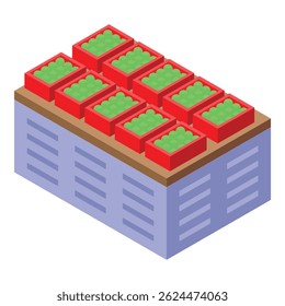 Green apples in red boxes stacked on a metal pallet in a warehouse, logistics and delivery concept