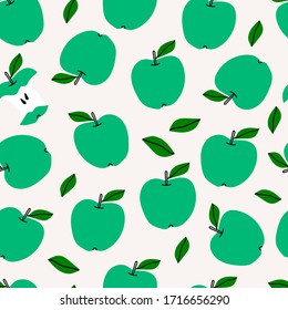 Green Apples Seamless pattern, abstract repeated background. For paper, cover, fabric, gift wrap, wall art, interior decoration. Simple surface pattern design. Hand drawn colored Vector illustration