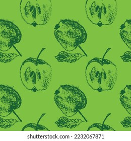 Green apples seamless pattern for fabric design. Fresh apple textile ornament. Fruit background for Vegan banner, label juice. Apple drawings for hand cooking jam packaging. Hand-drawn illustrations.