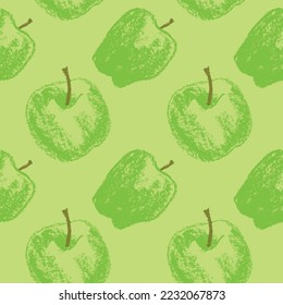 Patrón transparente de manzanas verdes para el diseño de tejidos. Ornamento textil de manzana fresca. Fondo de fruta para la pancarta Vegan, jugo de etiqueta. Dibujos de manzana para empaque de mermelada para cocinar a mano. Ilustraciones hechas a mano.