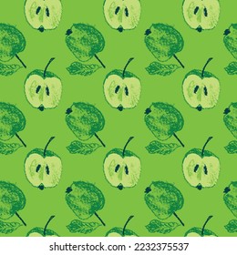 Patrón transparente de manzanas verdes para el diseño de tejidos. Ornamento textil de manzana fresca. Fondo de fruta para la pancarta Vegan, jugo de etiqueta. Dibujos de manzana para empaque de mermelada para cocinar a mano. Ilustraciones hechas a mano.