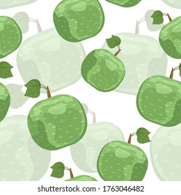 Green apples seamless pattern on white background. Vector illustration. Colorful fruits wallpaper. Healthy summer food background. 