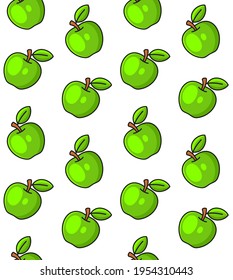 Green Apples Seamless Pattern on White Background. Vector