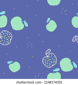 Green apples seamless pattern. Vector background for textiles and wallpapers on a blue background. 