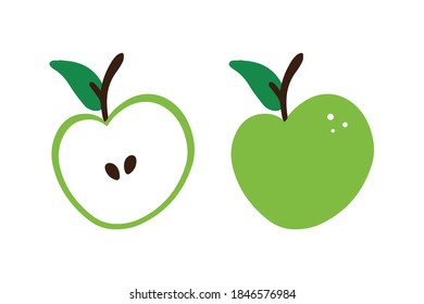 Green apples set, collection. Whole and cut in half apples vector icons, illustration for healthy, diet food design.
