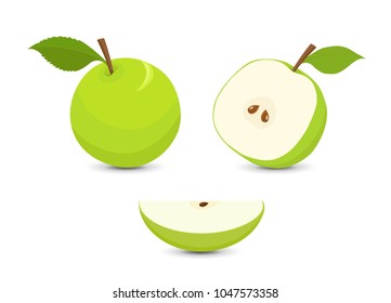 Green apples set, whole apple with leaf, half an apple and quarter of an apple, isolated on white background, design element for harvest festival