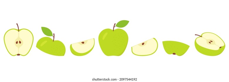 Green apples slices set. Cute fresh sliced apple large collection. Vector isolated on white.