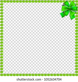 Green apples square photo frame or bordering with festive bow ribbon in corner isolated on transparent. Vector template, poster, banner, framework with empty copy space for text or image inside.