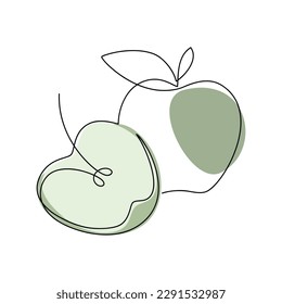 Green apples vector. Line continuous hand drawn illustration. Garden fruit outline icon, abstract linear silhouette. Minimal design, print, banner, card, brochure, logo, cartoon sign, symbol, doodle.