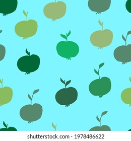 green apples vector seamless pattern. Fruit with leaves, diet vitamin blue background