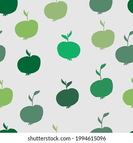 green apples vector seamless pattern. Fruit with leaves, diet vitamin yellow background