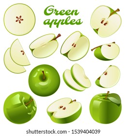 Green apples Vector set, apple slices for drink, juice, advertising and packaging.