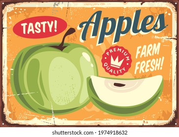 Green apples vintage farm sign board. Apple slice retro graphic. Old plantation sign with healthy delicious fruit. Vector template.