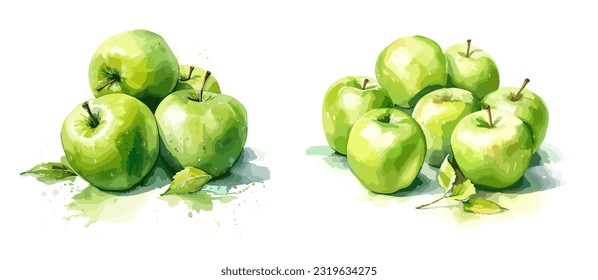 manzanas verdes, ilustración de estilo de pintura acuarela. Conjunto de vectores.