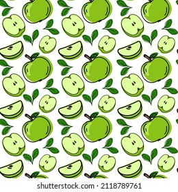 Green apples whole and slice, beautiful vector seamless pattern. Fruits, Suitable for wallpapers, web page food backgrounds, surface textures, textiles. Doodle or hand drawn cartoon style.